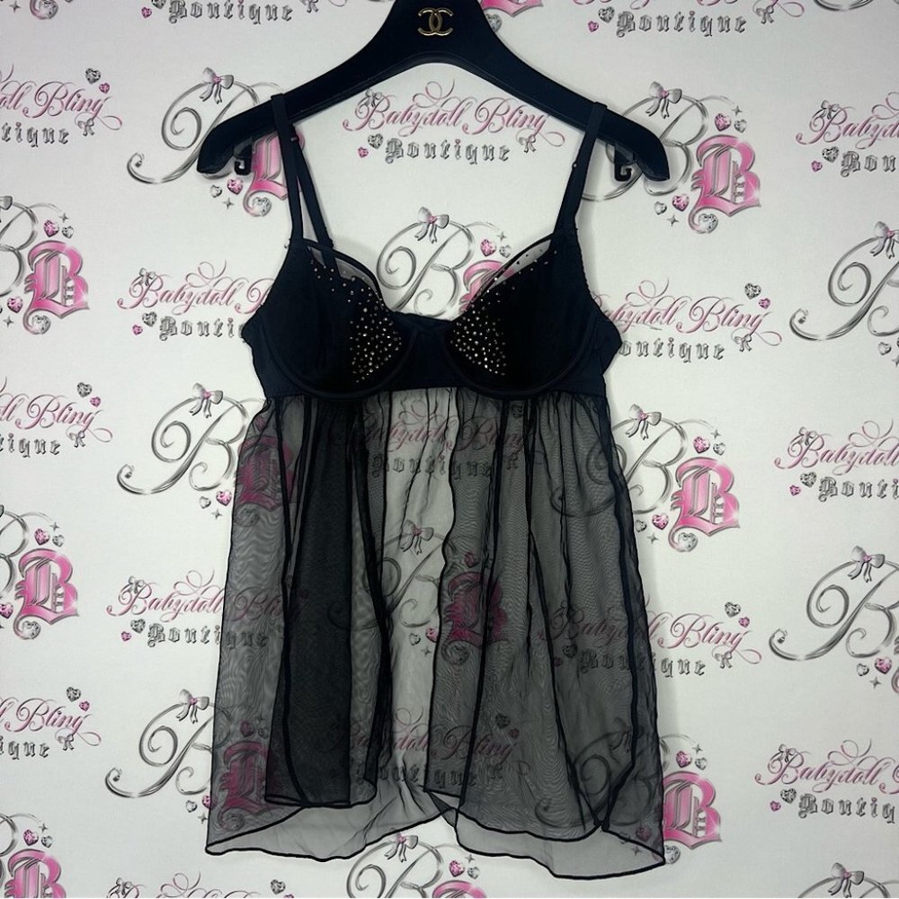 La senza rhinestone babydoll black gold mesh sexy cute coquette goth punk